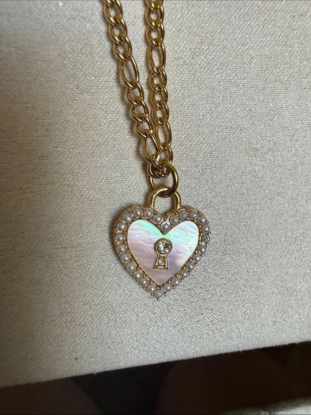 Gold Tone Pink Heart Pendant Necklace with Pearl Border 18k plated waterproof